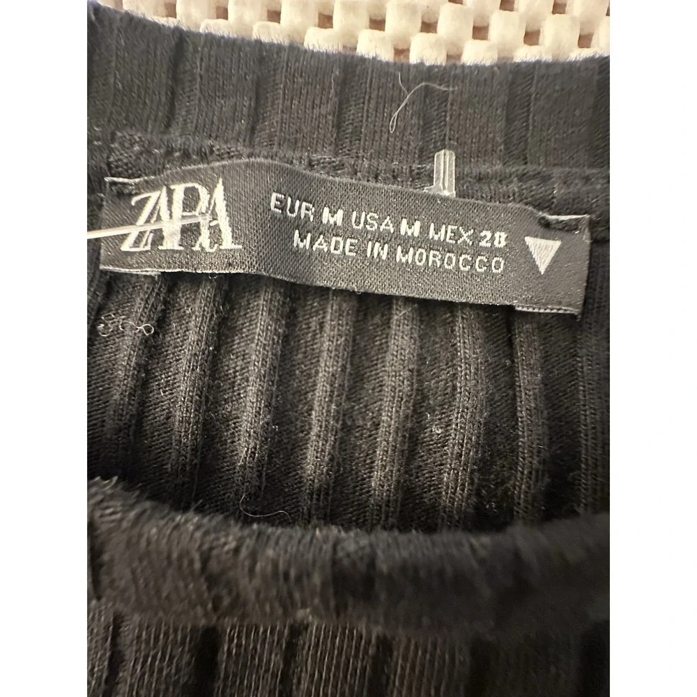 ZARA Black Dress Women Size M/6/8 Ribbed Knit Puff Sleeve Bodycon Sweater Fitted